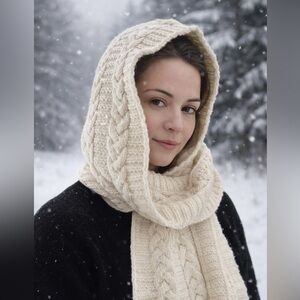 100% Soft Merino Wool Cable Knit Hooded Scarf from Ireland